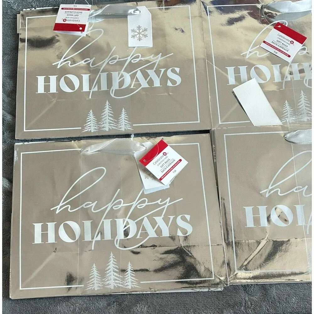 Set of 8  Christmas Gift Bags Happy Holidays  Metallic Holiday Bags